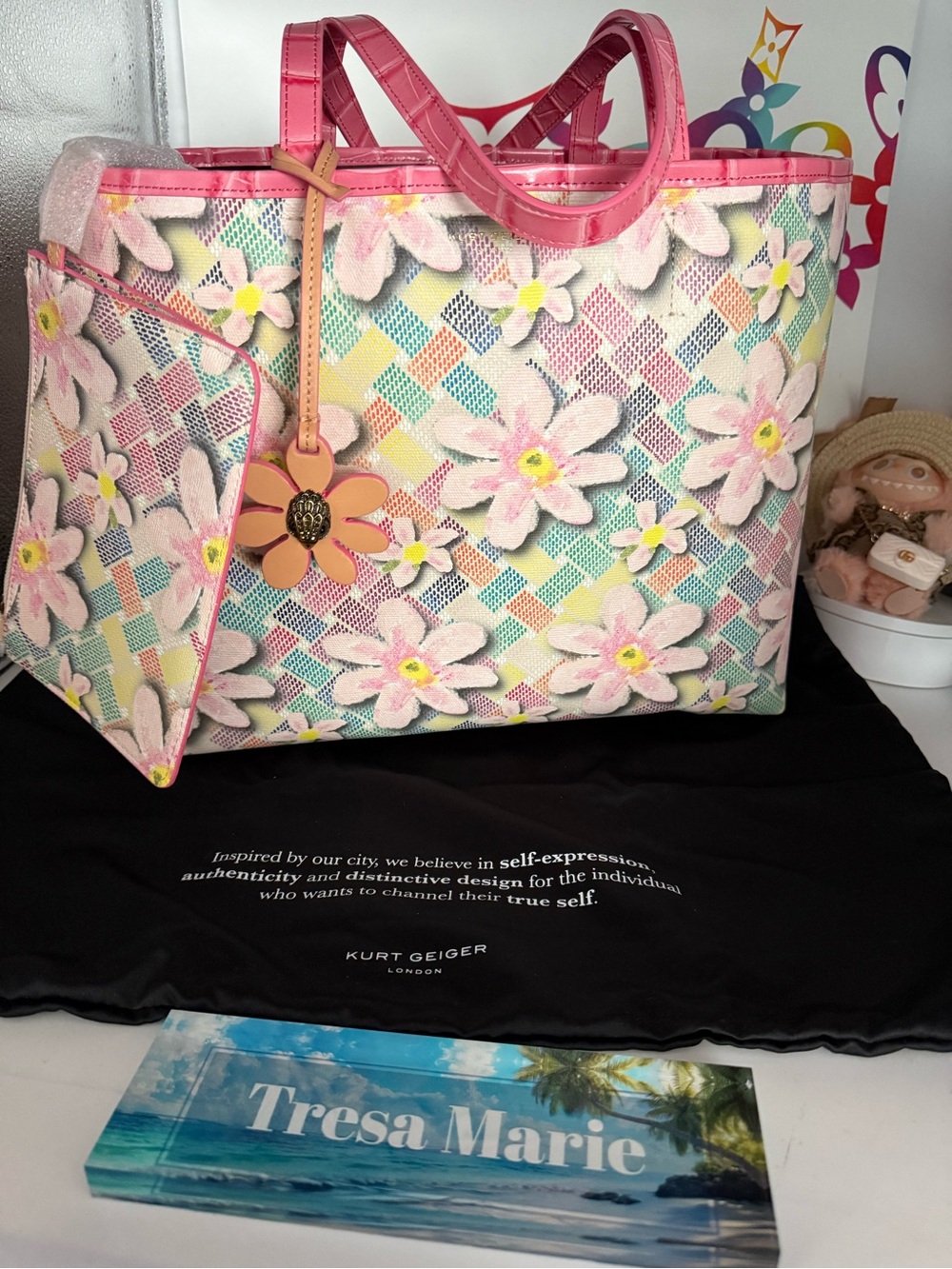 Kurt Geiger Pink Floral Leather Bag Charm
